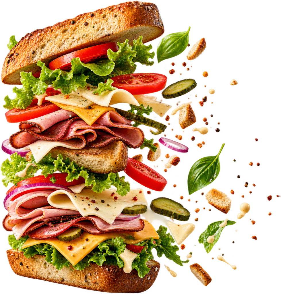 Exploded view of a stacked gourmet deli sandwich with floating fresh ingredients, sliced meats, cheese, and vegetables | O-Daddy's Brick Oven Sandwiches