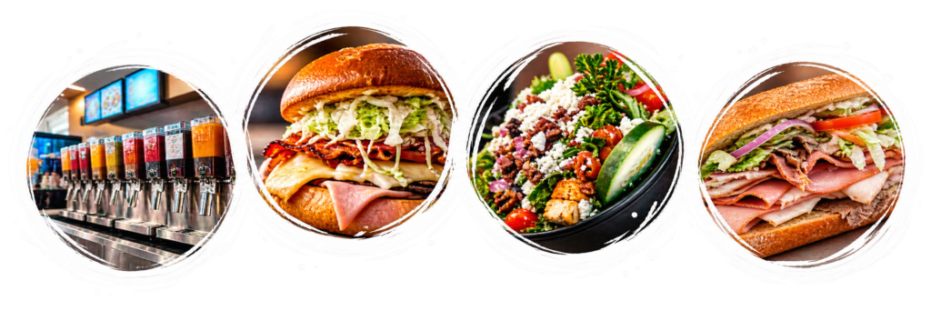 Four Circular Frames Displaying Fountain Drinks, Burger, Fresh Salad, and Sub Sandwich | O-Daddy's Brick Oven Sandwiches