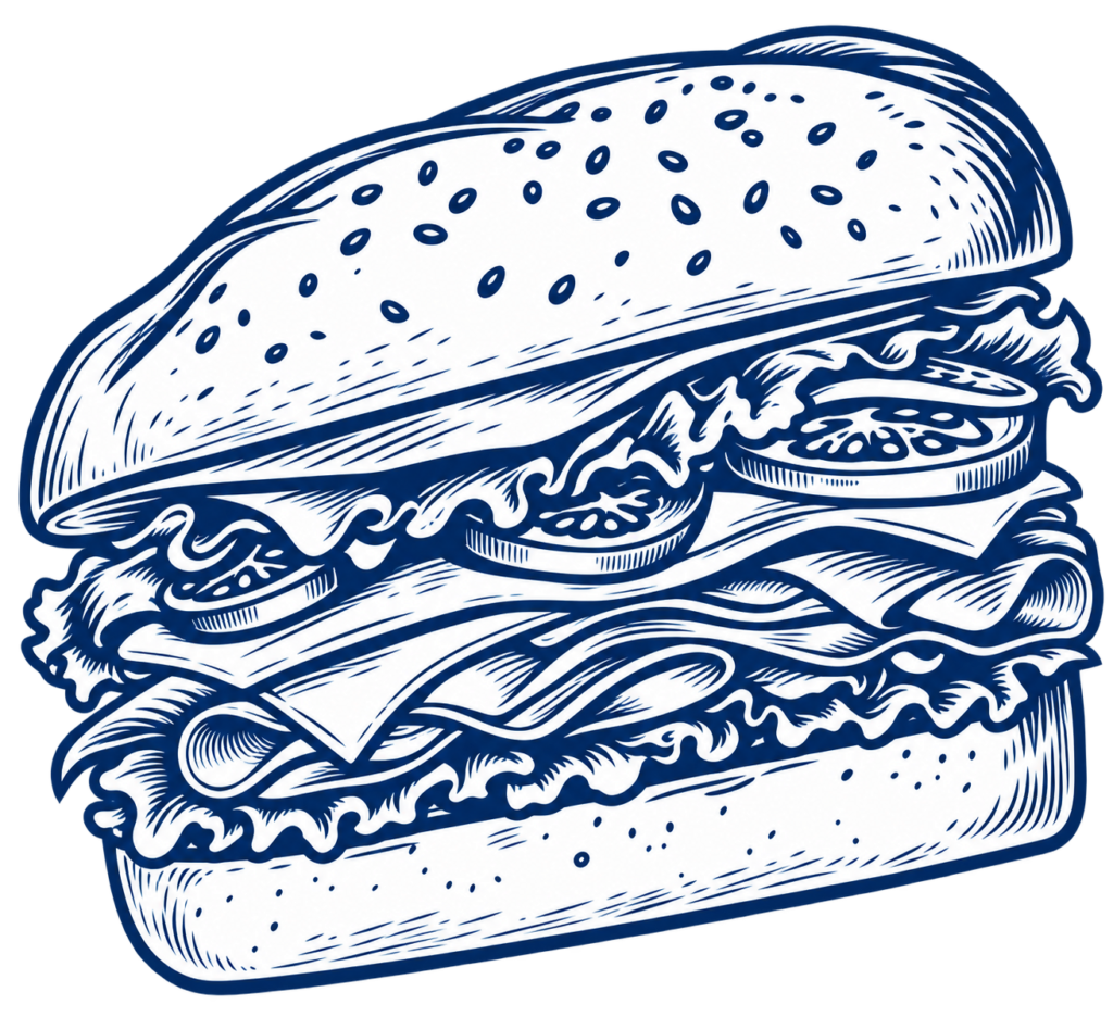 Detailed Blue Sketch Illustration of A Deli Sub Sandwich with Lettuce, Tomatoes, and Sliced Meat on A Sesame Seed Bun | O-Daddy's Brick Oven Sandwiches