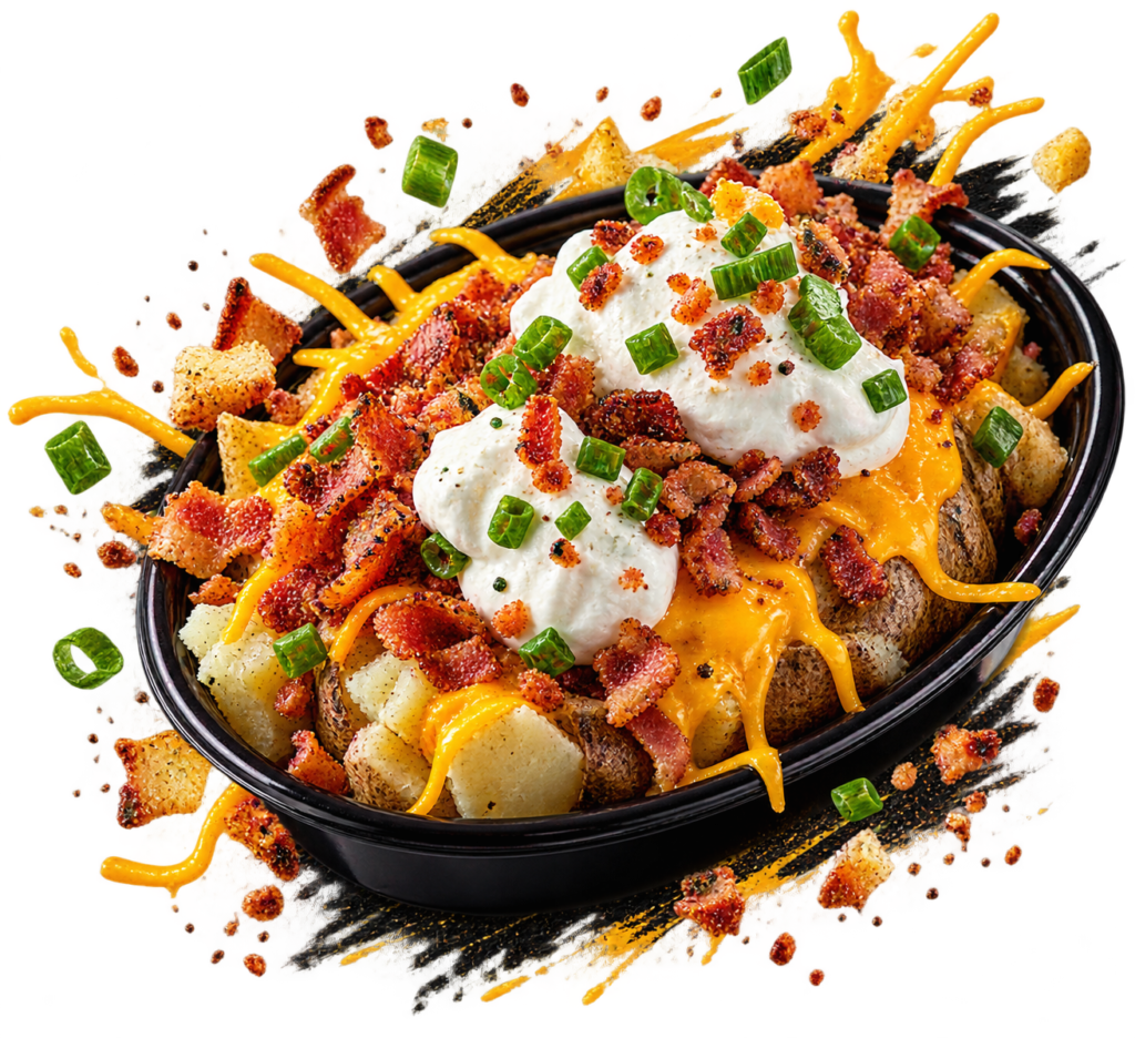 Loaded Baked Potato Bowl Topped with Melted Cheddar Cheese, Crispy Bacon Bits, Sour Cream, and Green Onions | O-Daddy's Brick Oven Sandwiches