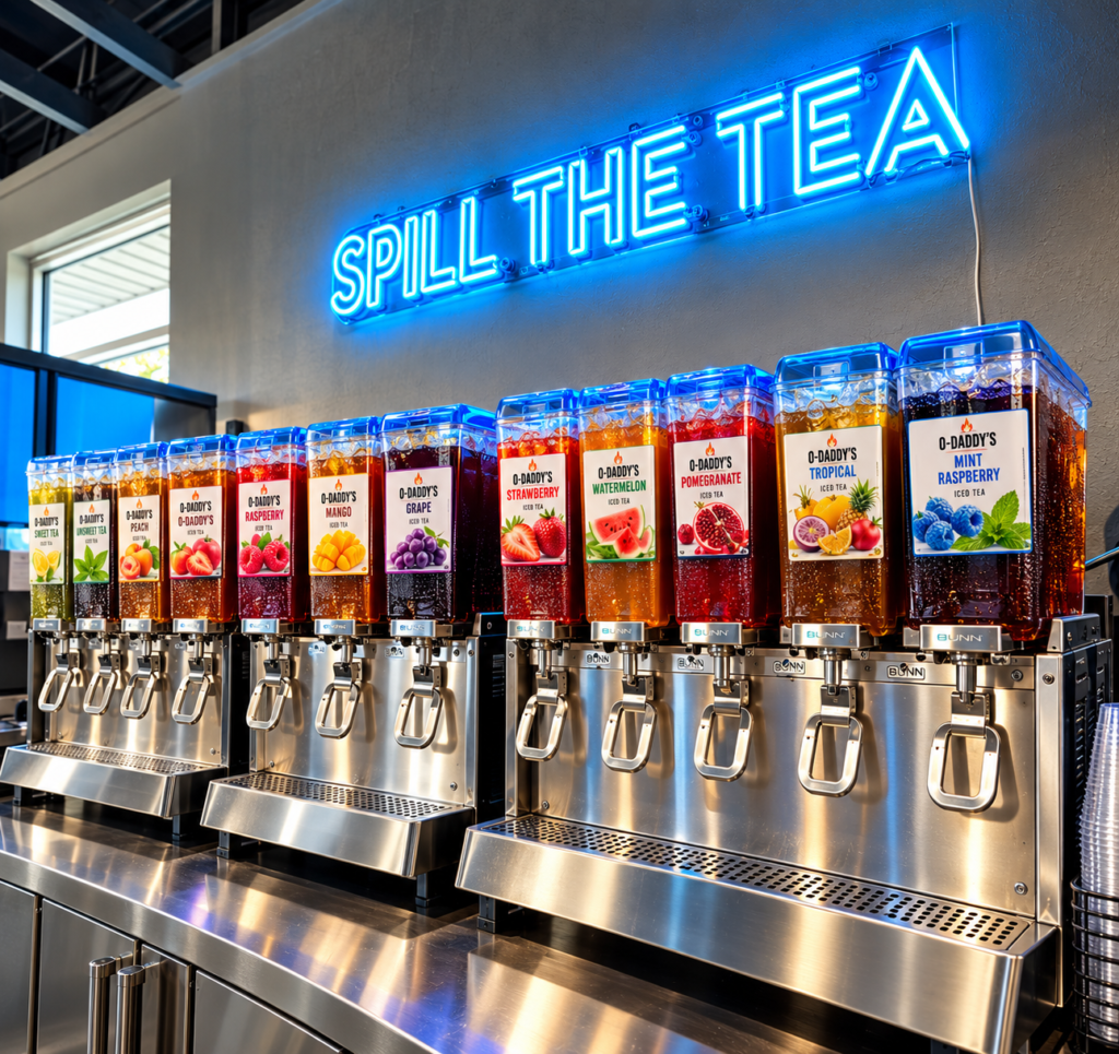 Stainless Steel Iced Tea Dispenser Station Featuring Colorful Fruit Flavors Beneath a Blue Neon "SPILL THE TEA" Sign | O-Daddy's Brick Oven Sandwiches