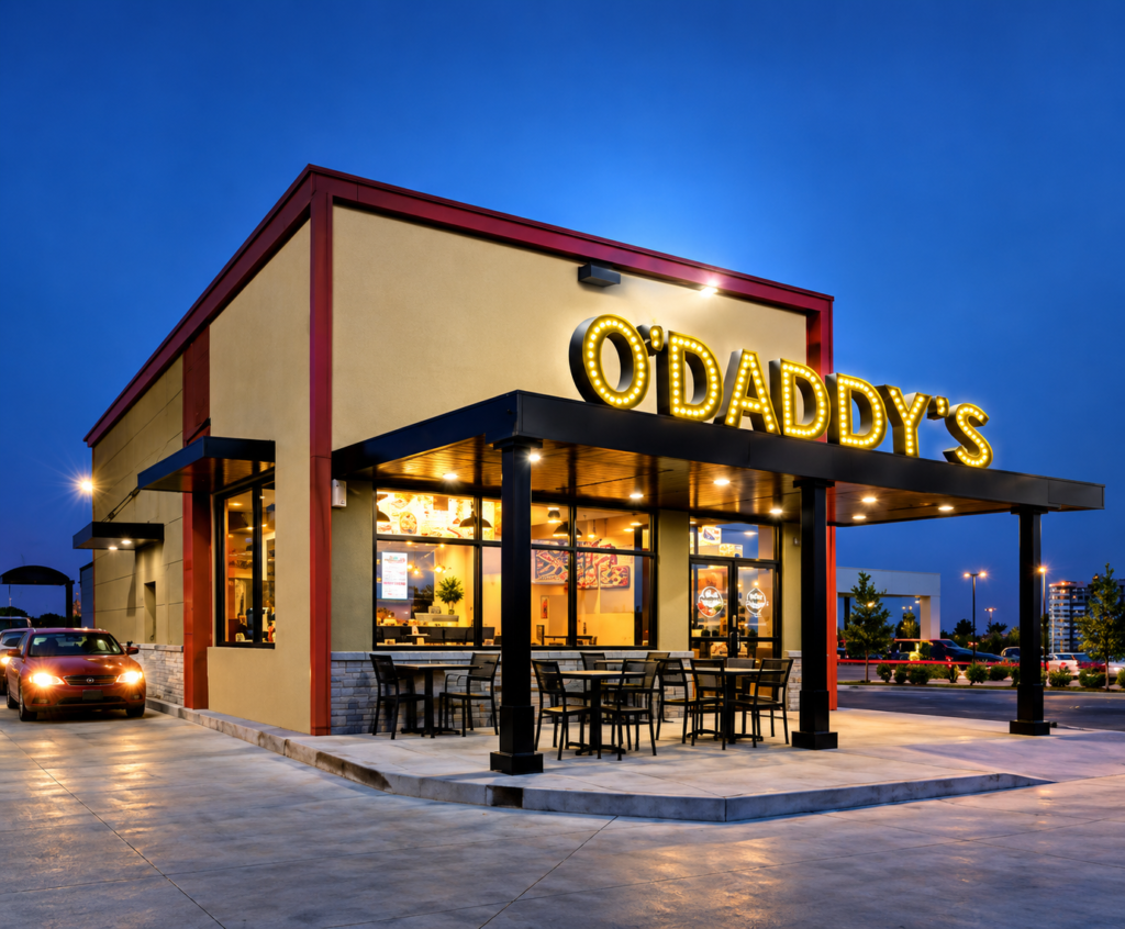 Exterior View of Illuminated O'daddy's Restaurant Building at Dusk | O-Daddy's Brick Oven Sandwiches