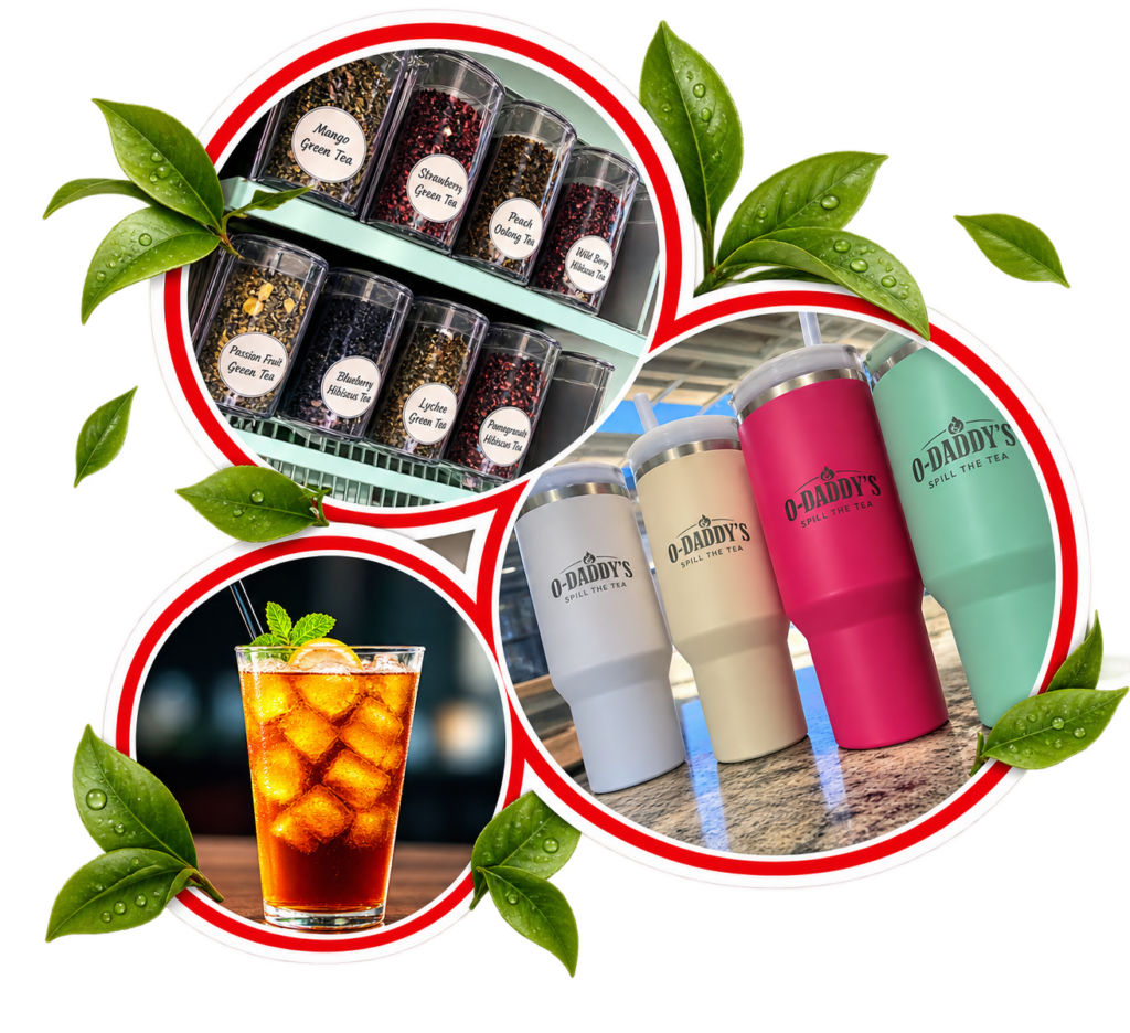 Collage of Loose-Leaf Tea Jars, Branded O-Daddy's Tumblers, and A Glass of Iced Tea | O-Daddy's Brick Oven Sandwiches