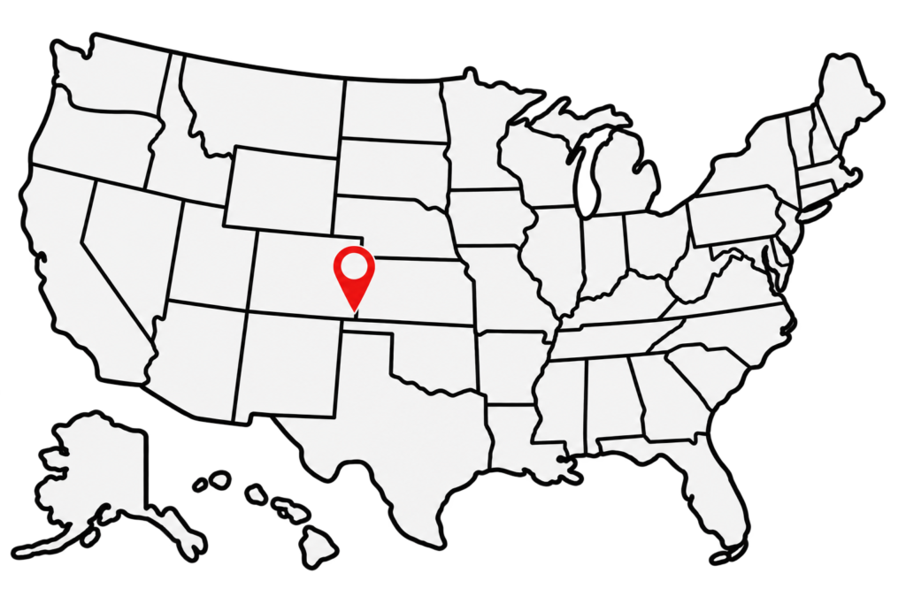 Outline map of United States with red location pin on Oklahoma Panhandle | O-Daddy's Brick Oven Sandwiches