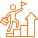 Orange Icon of A Businessman Carrying a Briefcase and Climbing a Growth Chart Bar Graph Toward a Flag | O-Daddy's Brick Oven Sandwiches