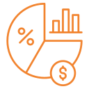 Orange line icon featuring a pie chart with a percentage symbol, bar graph, and dollar sign | O-Daddy's Brick Oven Sandwiches